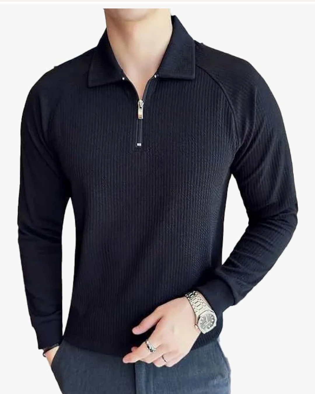 Dpiter Men's Black Ribbed Polo T-Shirt with Zipper - Stylish Casual Wear
