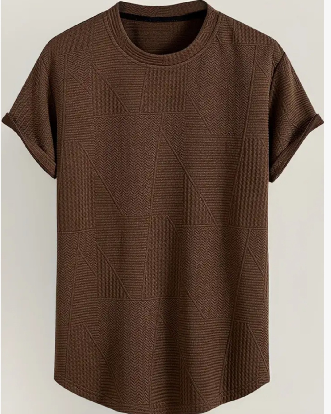 Dpiter Men's Brown Textured Geometric Print Round Neck T-Shirt - Stylish & Comfortable
